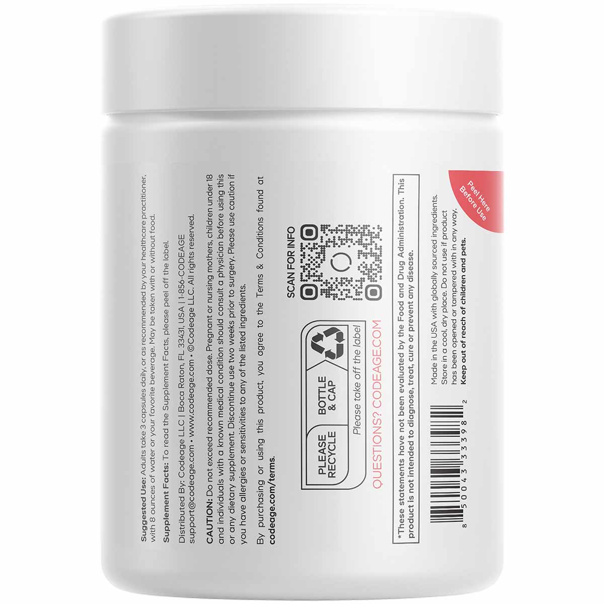 White cylindrical supplement jar with white lid, QR code, product label, and red "Subscribe & Save" banner visible.