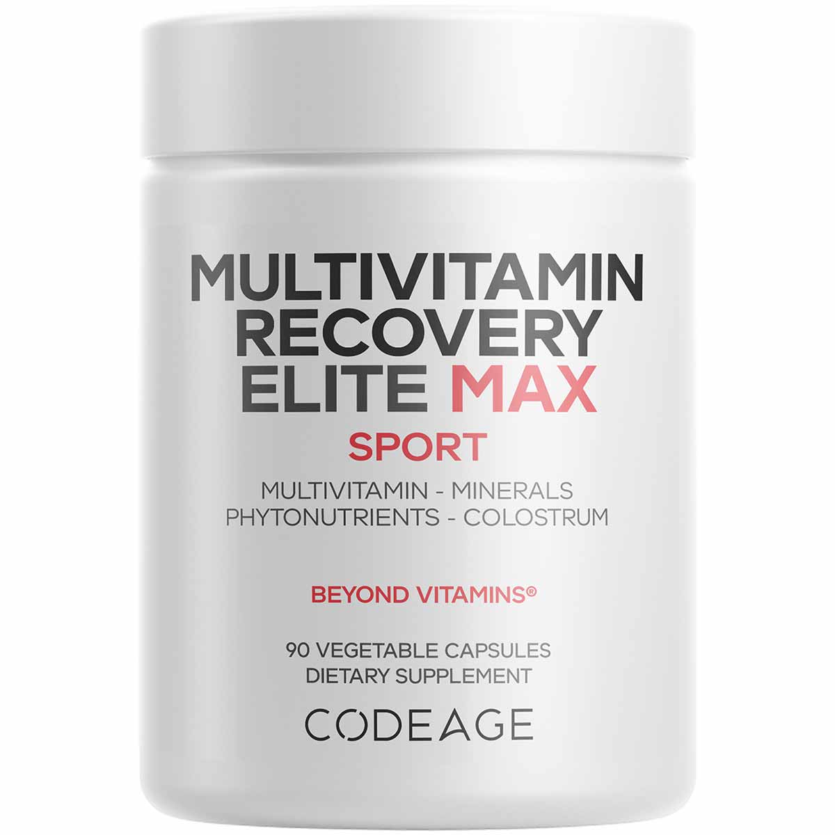 White supplement bottle labeled "Multivitamin Recovery Elite Max Sport" by Codeage containing 90 vegetable capsules.