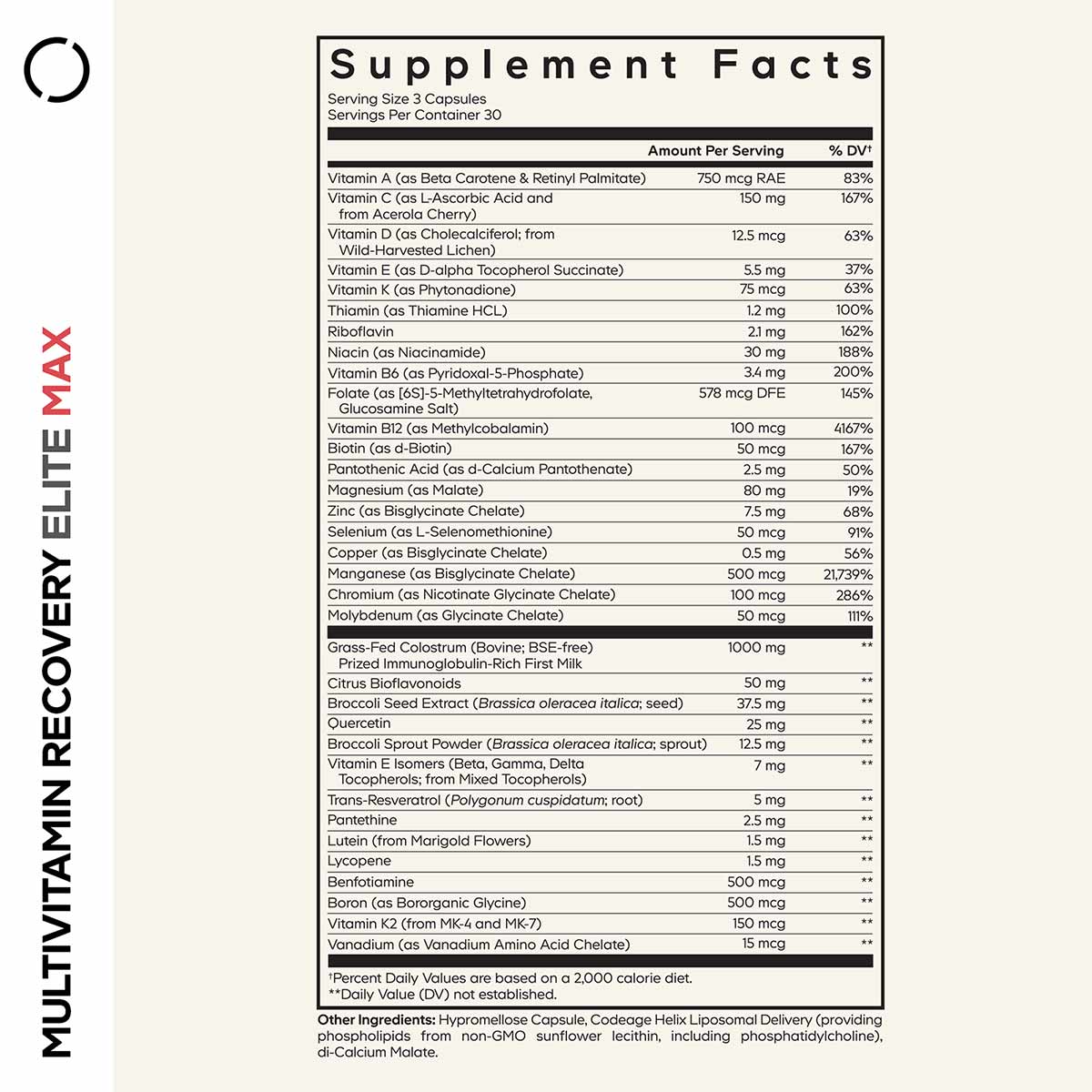 Supplement Facts label for Multivitamin Recovery Elite Max showing serving size, vitamin and mineral content with daily value
