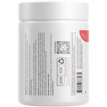 White cylindrical supplement container with white lid, red corner label, QR code, barcode, and printed product information on