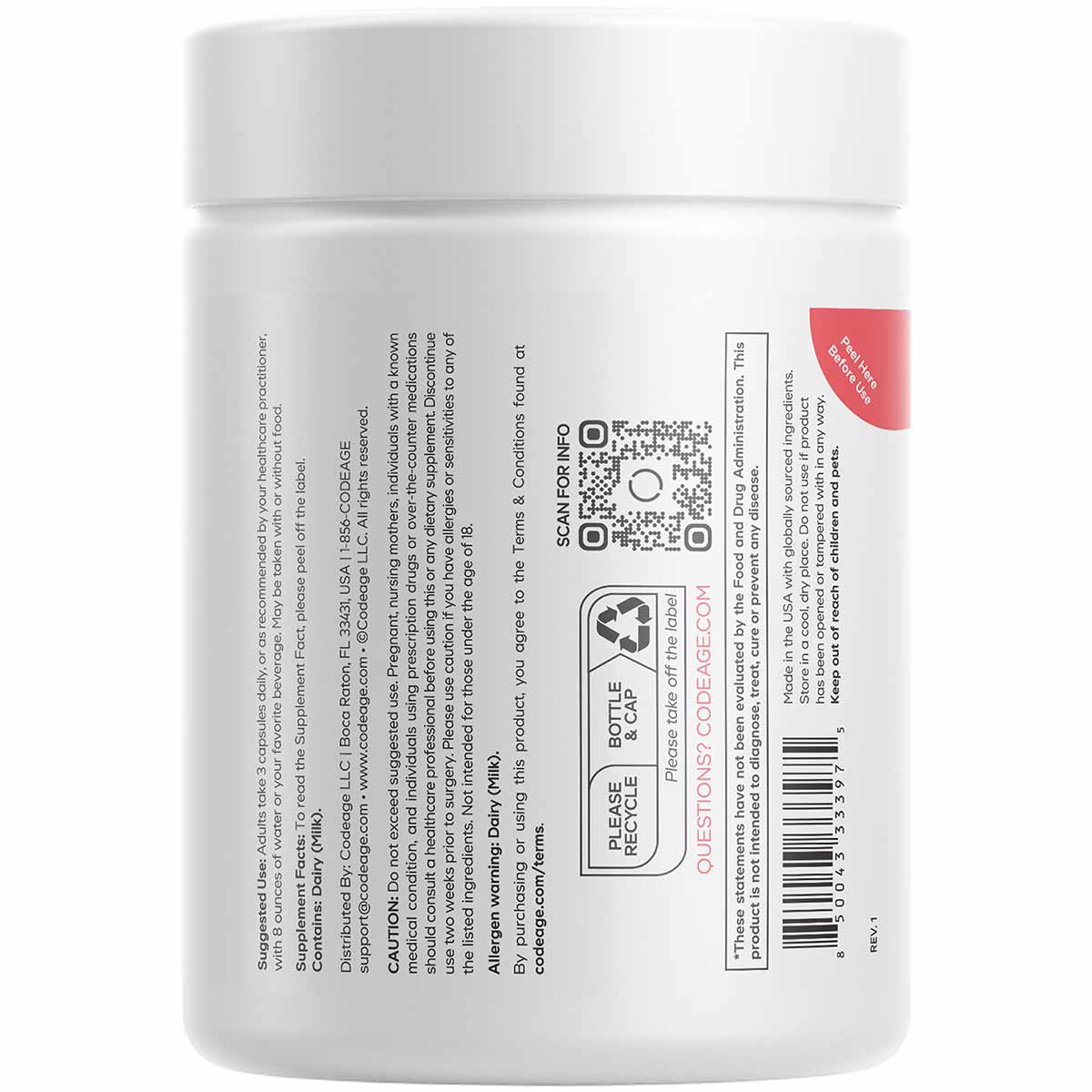 White cylindrical supplement container with white lid, red corner label, QR code, barcode, and printed product information on
