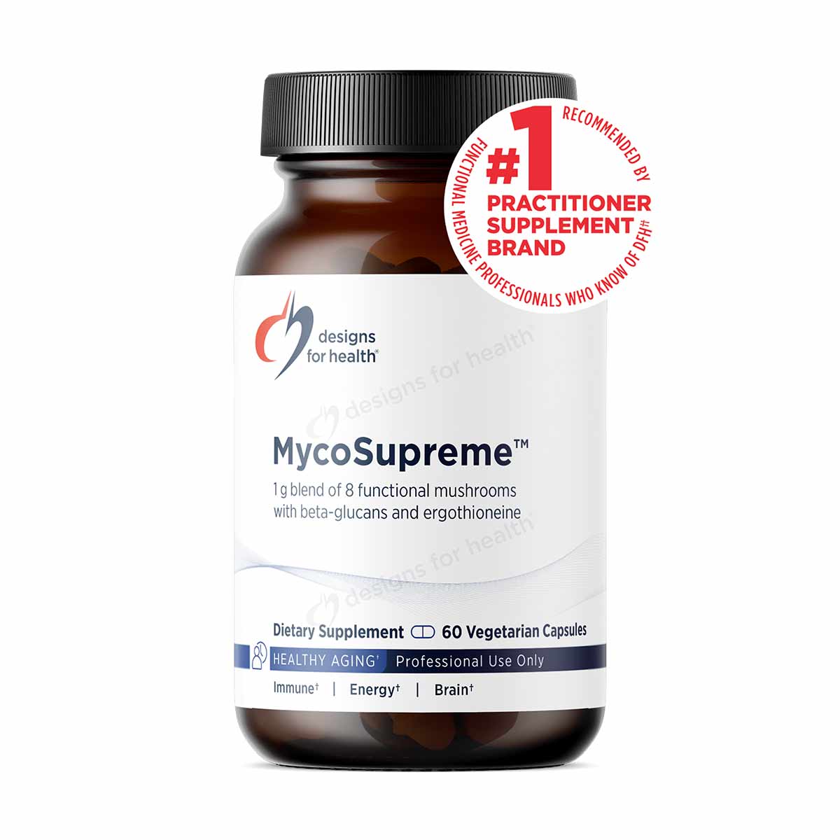 MycoSupreme amber glass bottle by Designs For Health containing 60 vegetarian capsules of functional mushroom blend.