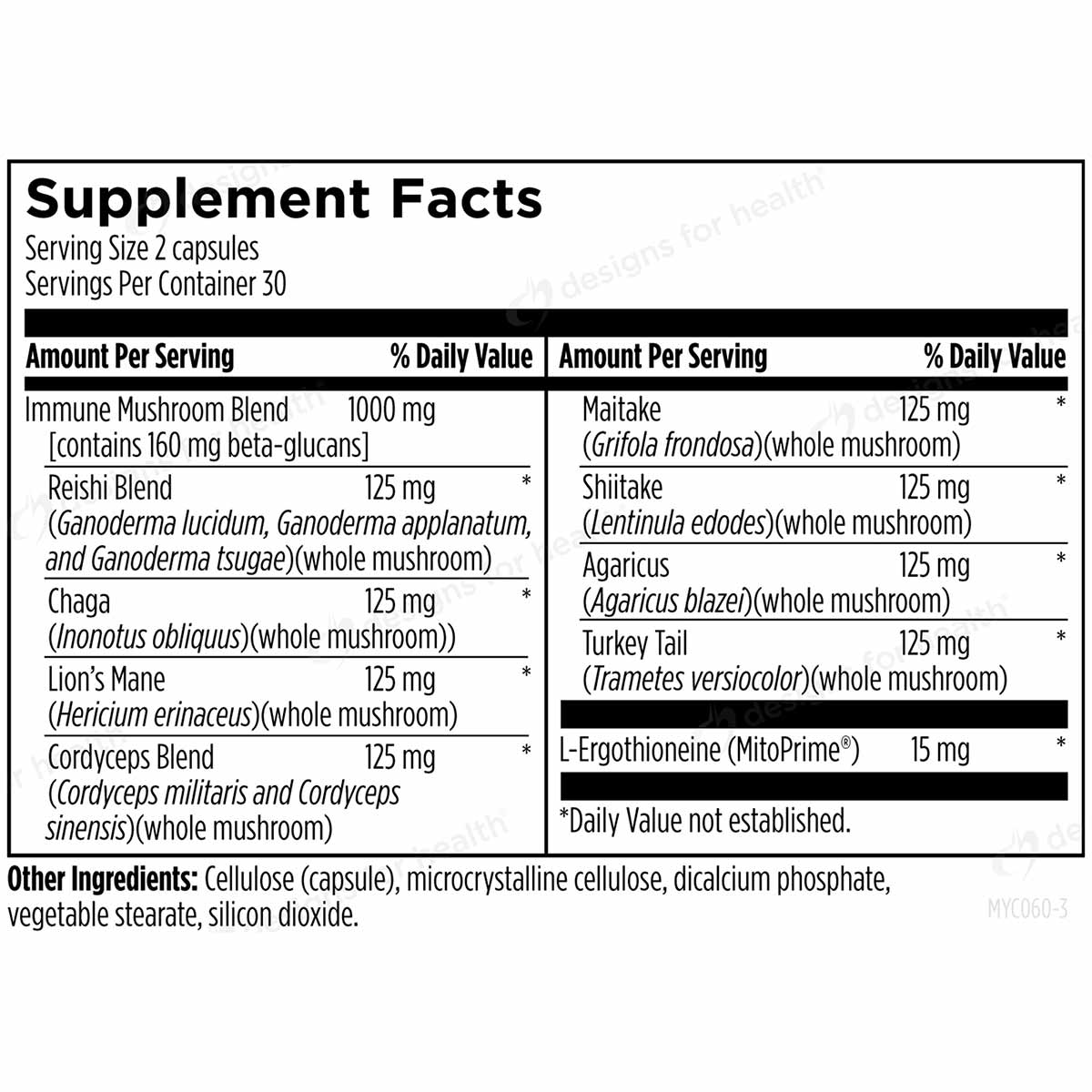 Supplement Facts label for MycoSupreme showing serving size of 2 capsules with mushroom blend ingredients and daily values.