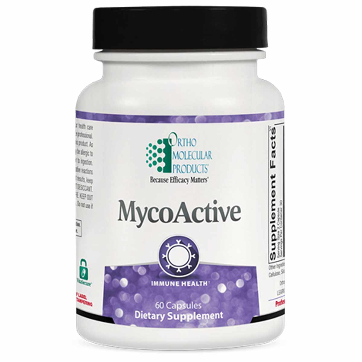 MycoActive 60 capsule dietary supplement bottle by Ortho Molecular Products with black cap and purple label band.