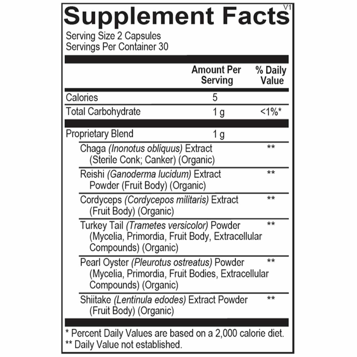 Supplement Facts label for MycoActive capsules listing proprietary blend of organic mushroom extracts including chaga, reishi