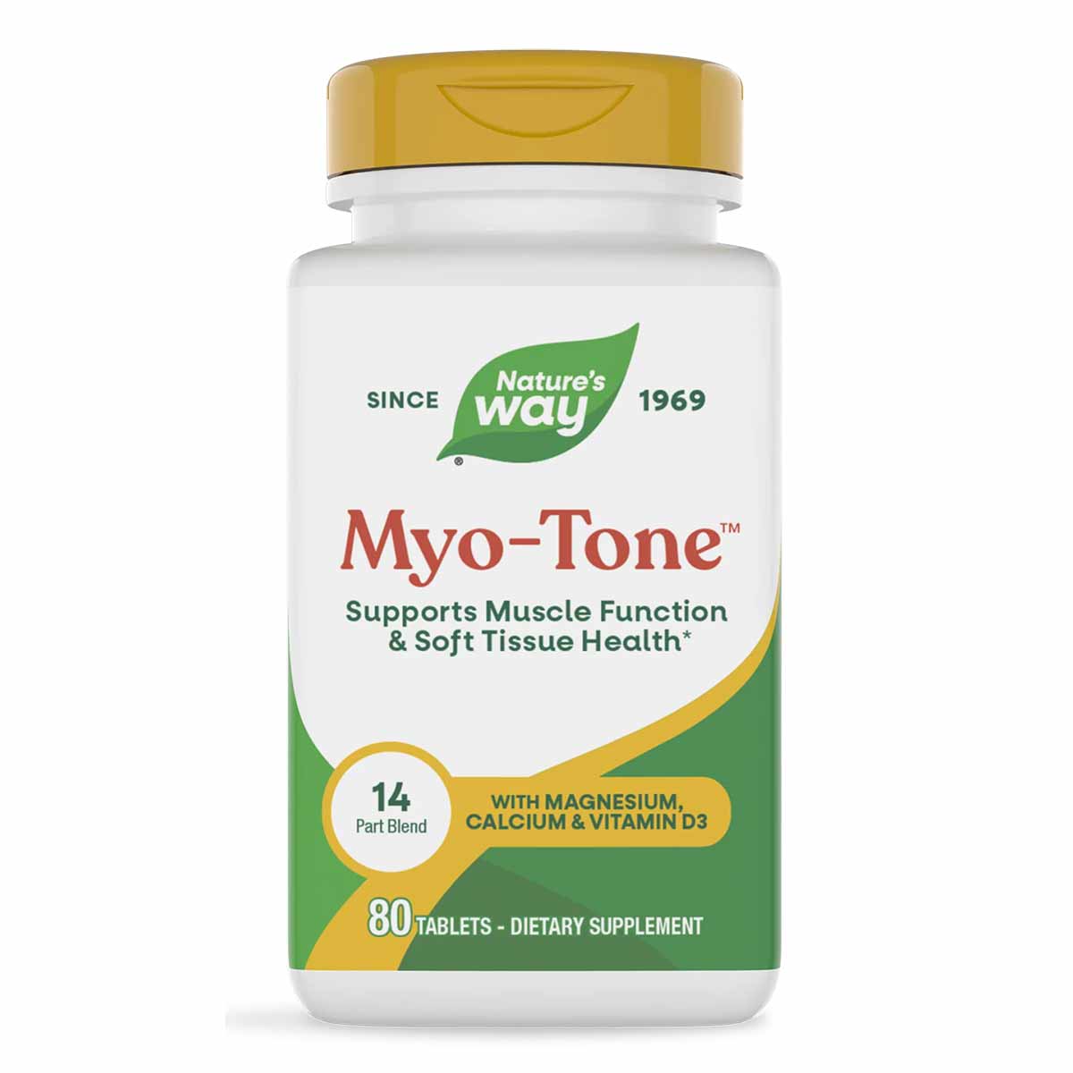 Nature's Way Myo-Tone dietary supplement bottle with gold cap containing 80 tablets.