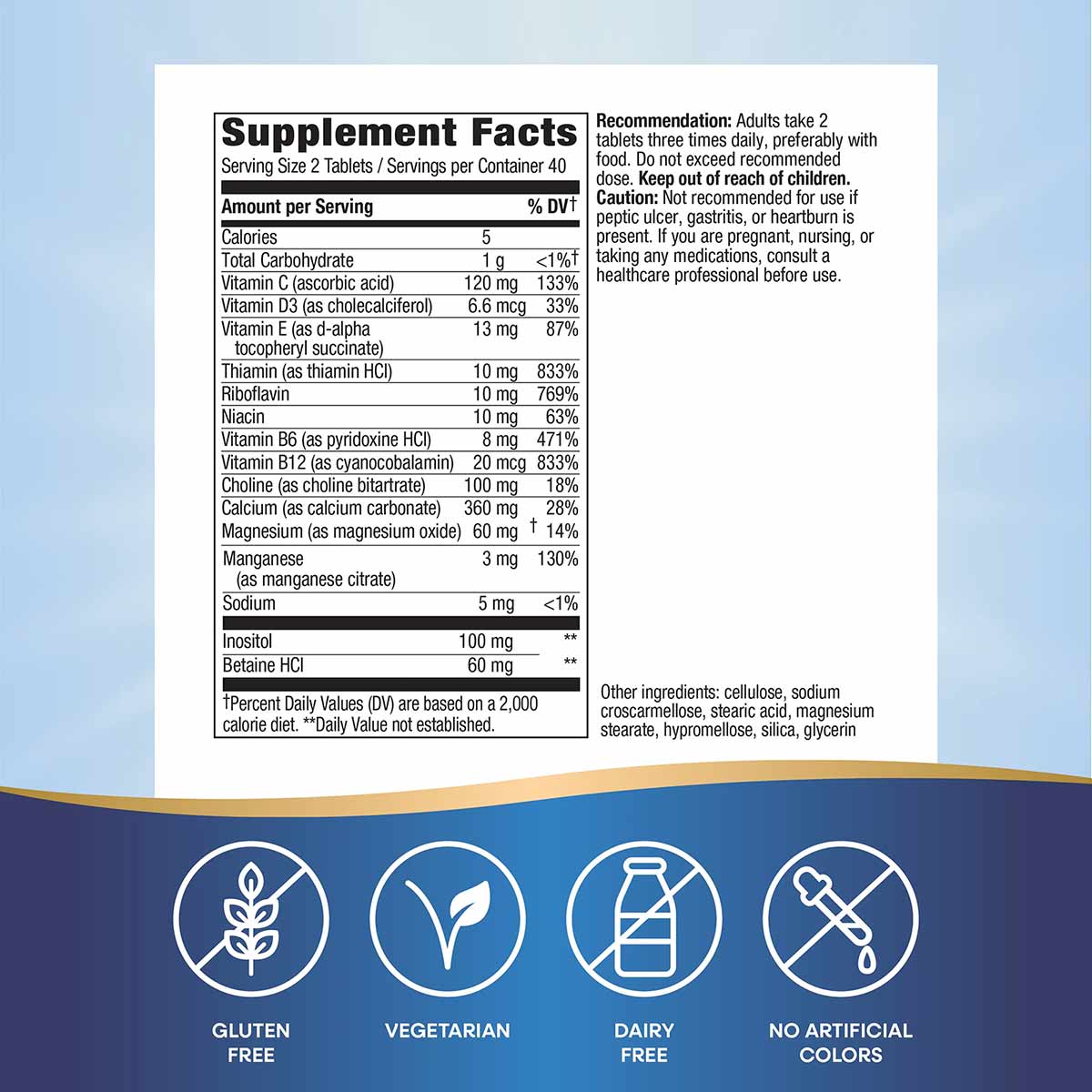 Supplement Facts label for Myo-Tone joint health tablets showing vitamins, minerals, and ingredients with dietary attribute i