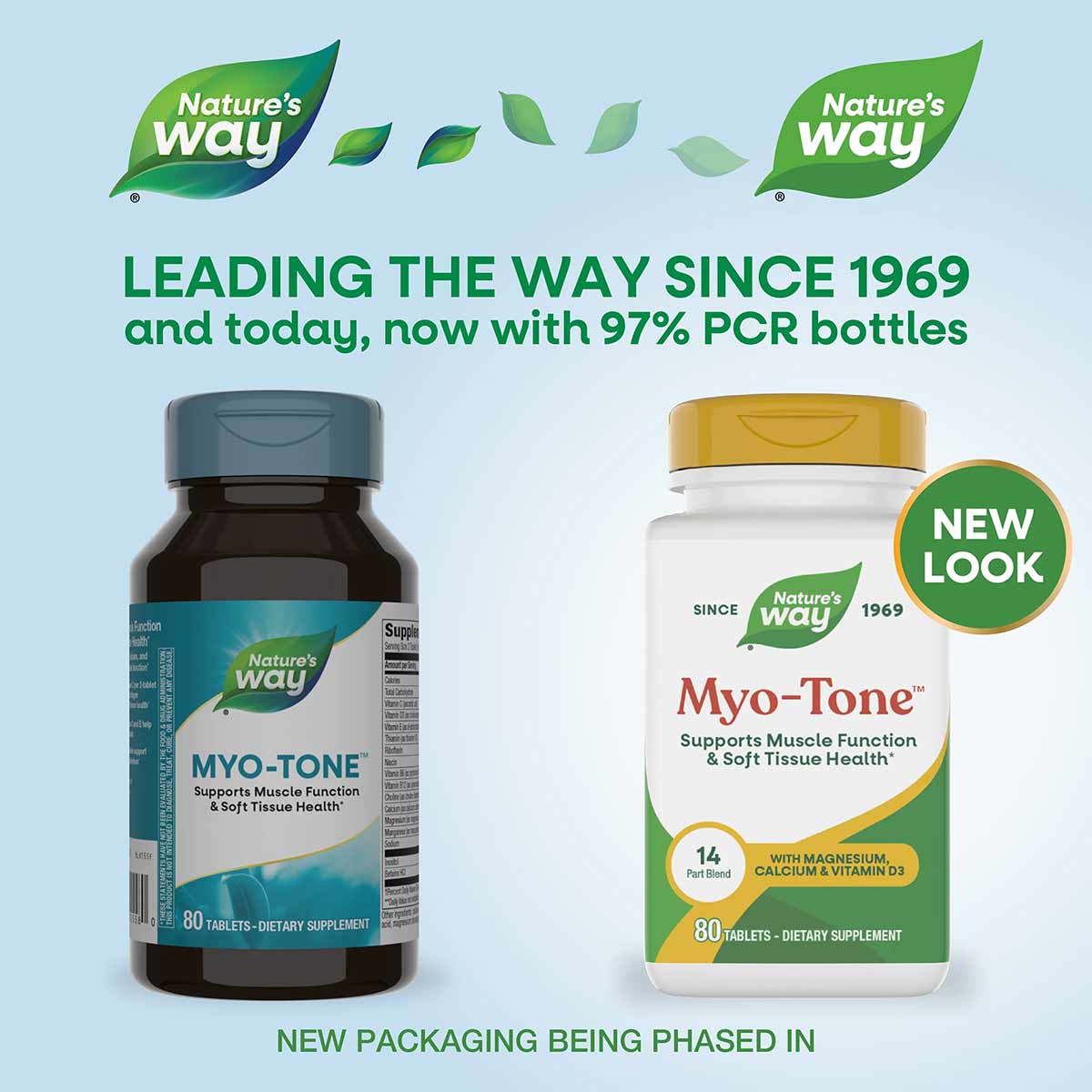 Two Nature's Way Myo-Tone supplement bottles: dark glass bottle with teal label and white bottle with gold cap labeled "NEW L