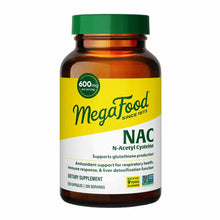 Bottle of Megafood NAC N-Acetyl Cysteine dietary supplement with green cap and yellow label, 600mg per serving, 120 capsules.