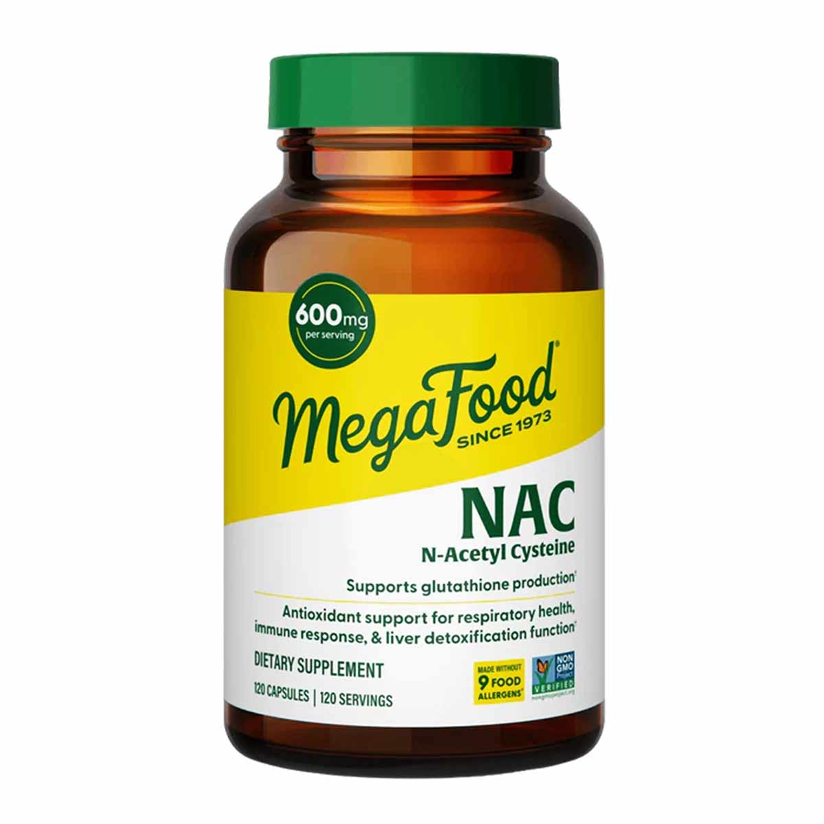 Bottle of Megafood NAC N-Acetyl Cysteine dietary supplement with green cap and yellow label, 600mg per serving, 120 capsules.