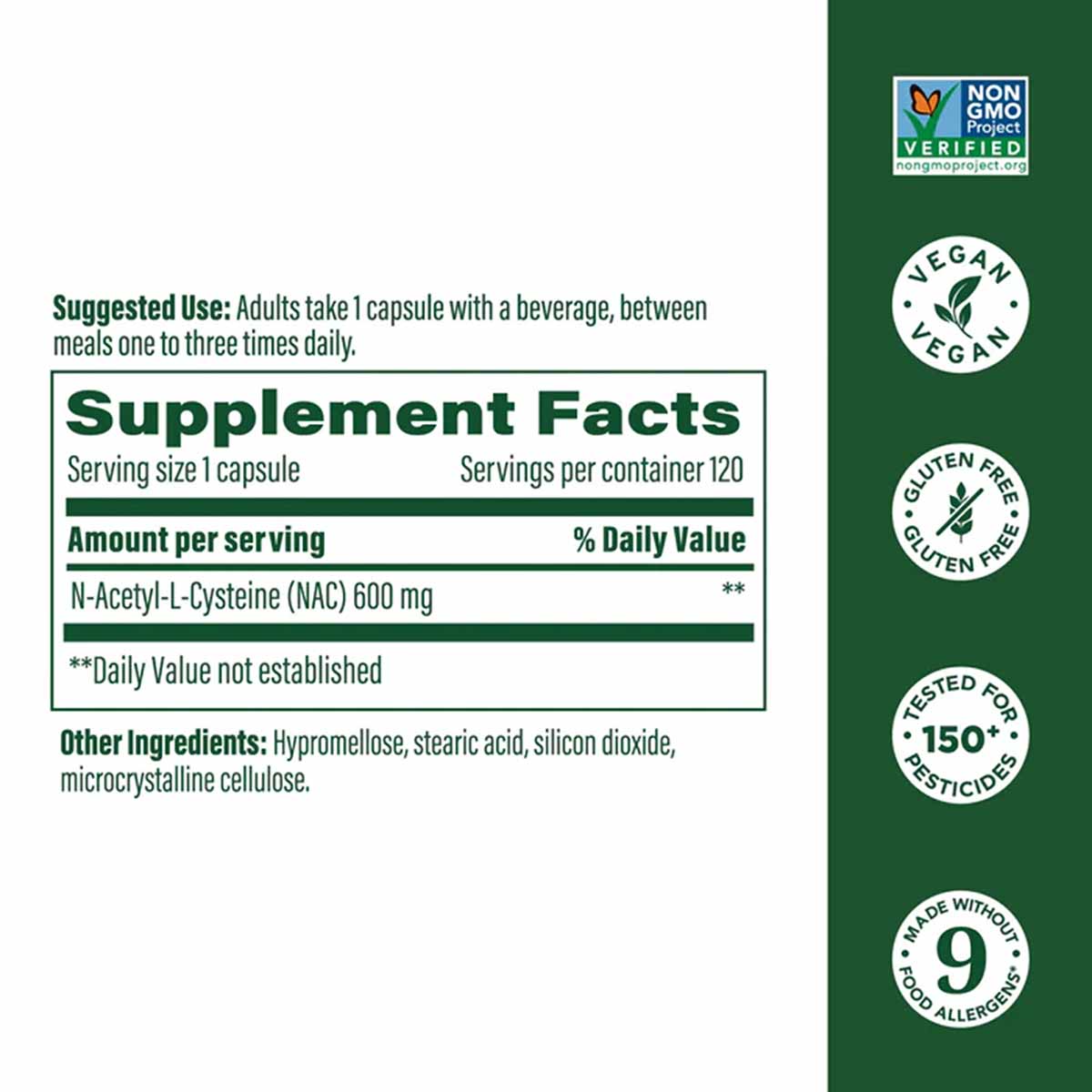 Megafood NAC supplement label showing 600mg N-Acetyl-L-Cysteine per capsule with Non-GMO, vegan, gluten-free, and allergen ce
