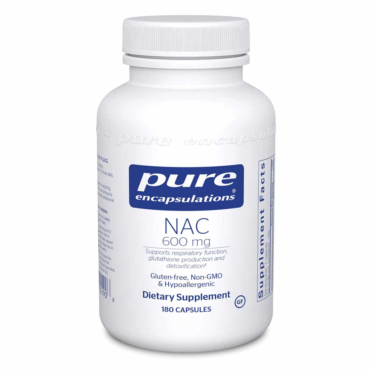 White bottle of Pure Encapsulations NAC 600 mg dietary supplement with white cap, containing 180 capsules.