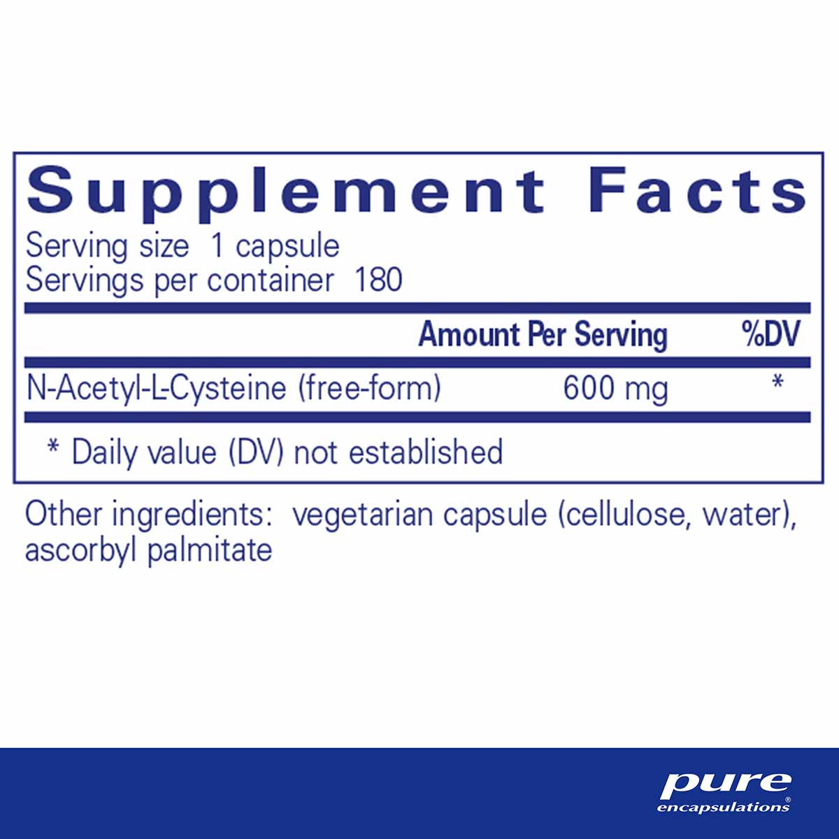 Supplement Facts label for NAC 600 mg capsules showing 180 servings per container with N-Acetyl-L-Cysteine as active ingredie