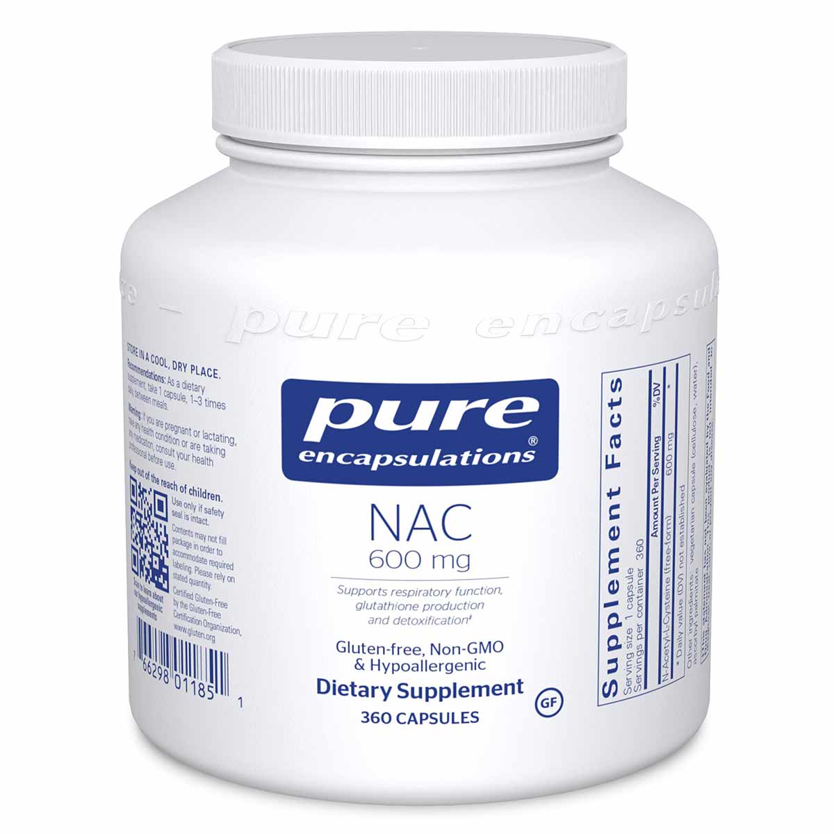 White bottle of Pure Encapsulations NAC 600 mg dietary supplement containing 360 capsules with blue label.