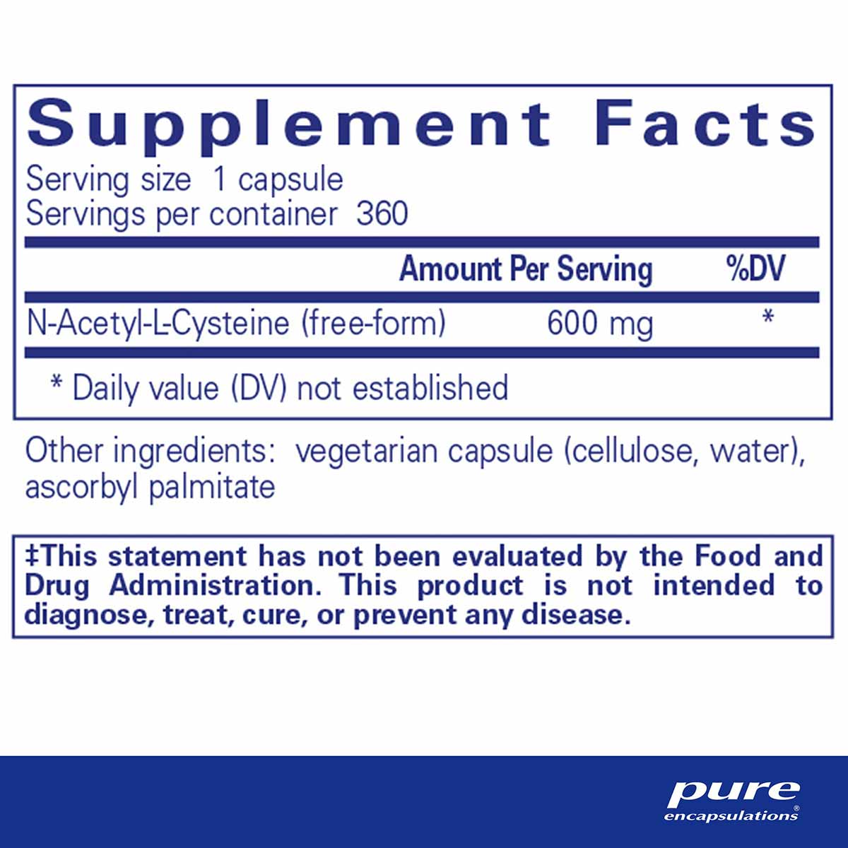 Supplement Facts label for NAC 600 mg capsules showing 600 mg N-Acetyl-L-Cysteine per serving with 360 servings per container