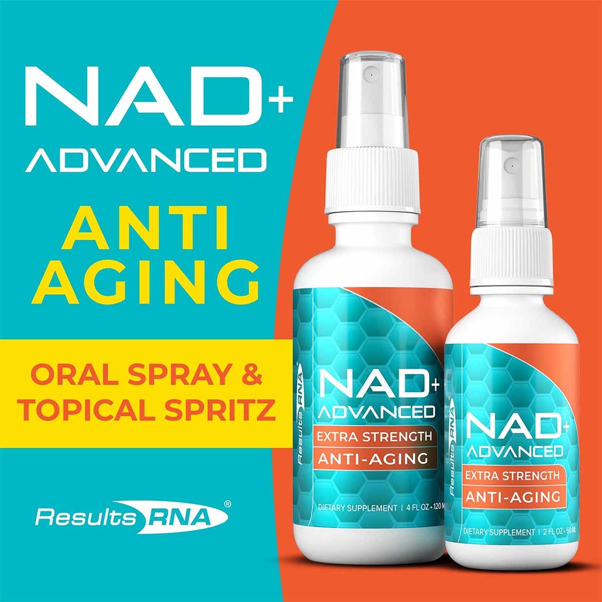 Two white spray bottles labeled NAD+ Advanced Extra Strength Anti-Aging by Results RNA on turquoise and orange background.