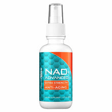 Clear spray bottle with white pump top containing turquoise and orange labeled NAD+ Advanced formula, 4 fl oz.