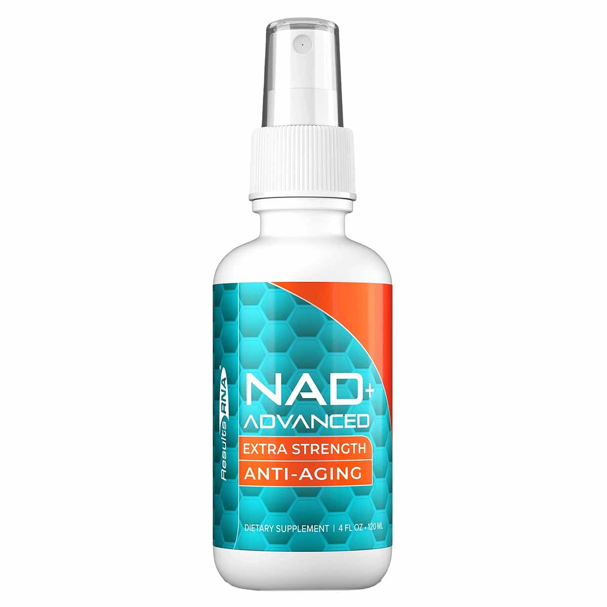 Clear spray bottle with white pump top containing turquoise and orange labeled NAD+ Advanced formula, 4 fl oz.