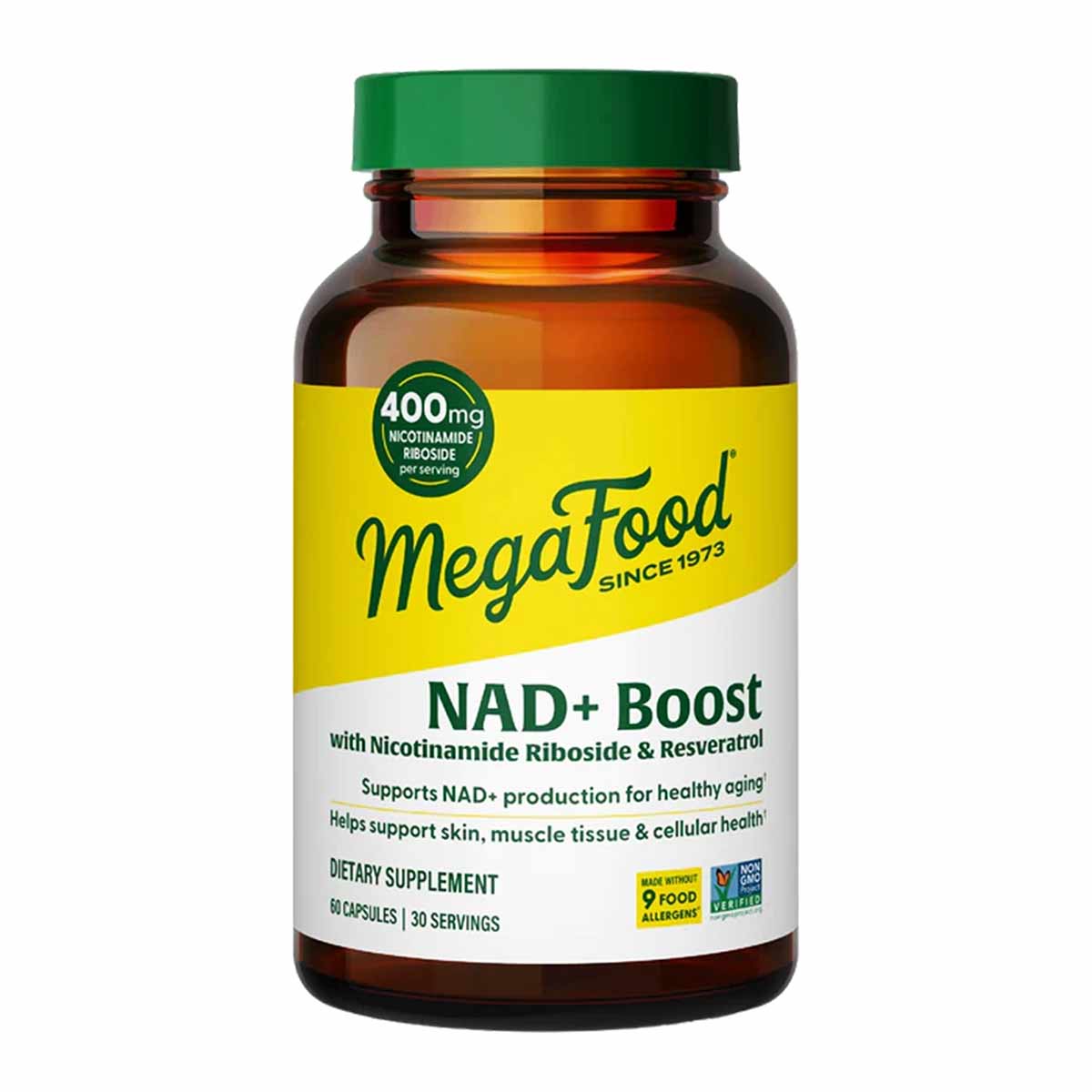Amber glass bottle with green cap containing MegaFood NAD+ Boost dietary supplement capsules, 60 capsules, 30 servings.