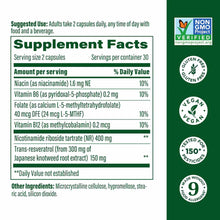 Megafood NAD+ Boost supplement label showing usage instructions, supplement facts with niacin and vitamin B12, and certificat