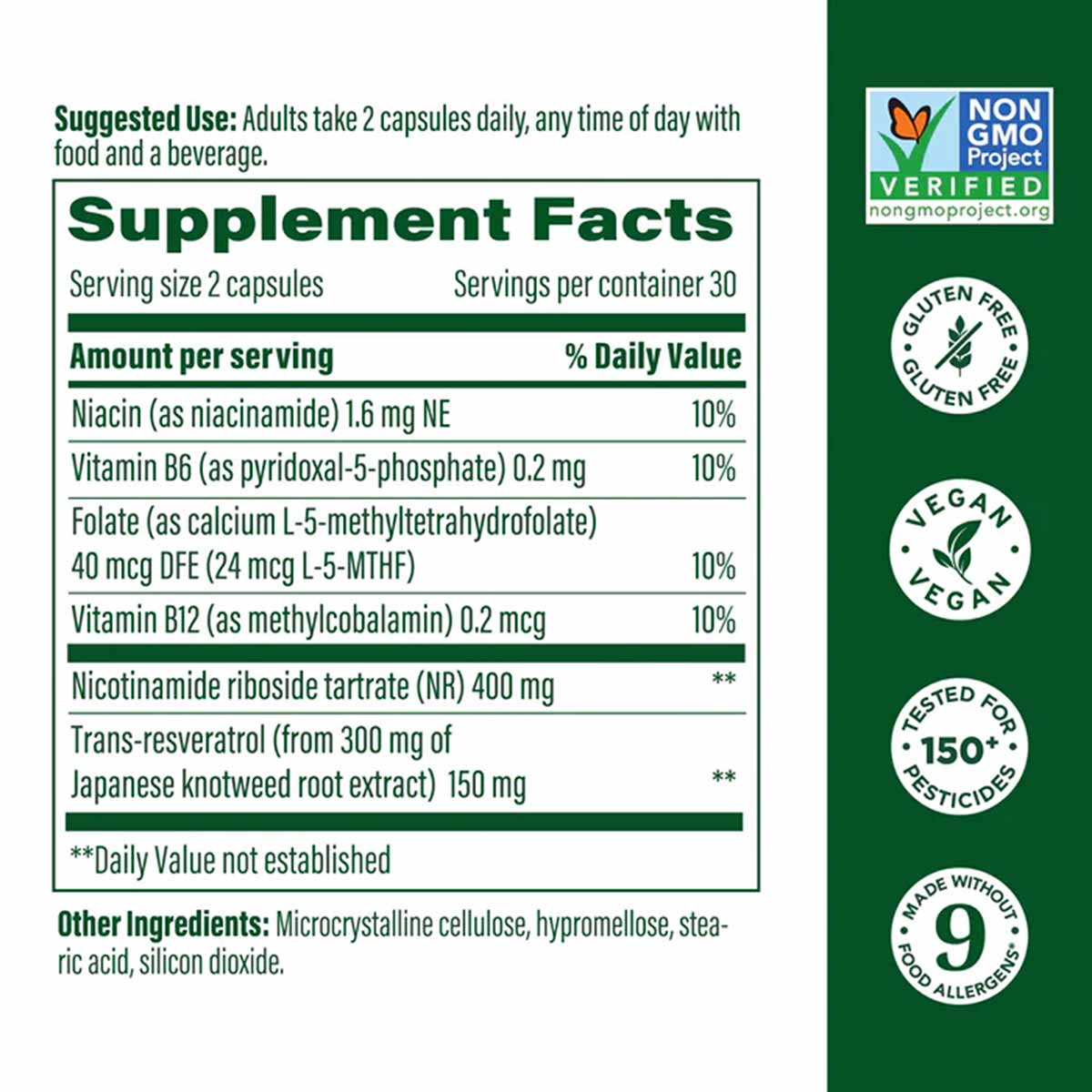Megafood NAD+ Boost supplement label showing usage instructions, supplement facts with niacin and vitamin B12, and certificat