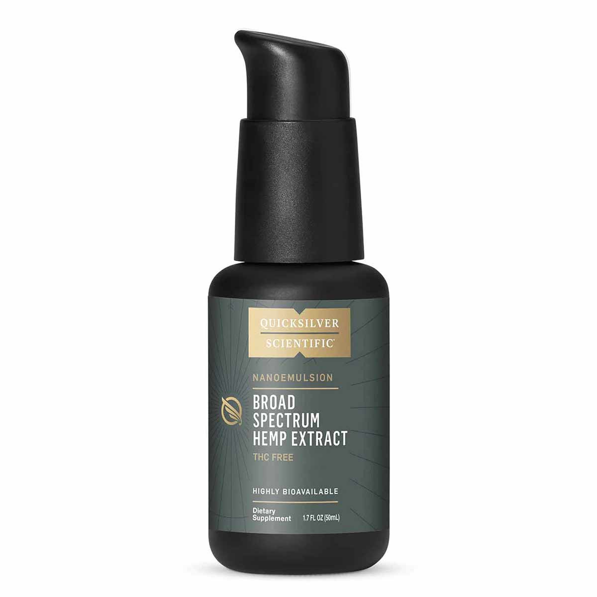 Black pump bottle of Quicksilver Scientific broad spectrum hemp extract CBD with green label showing product name and dosage 