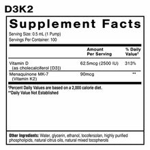 D3K2 supplement facts label showing vitamin D3 and menaquinone MK-7 with serving size of 0.5 mL.
