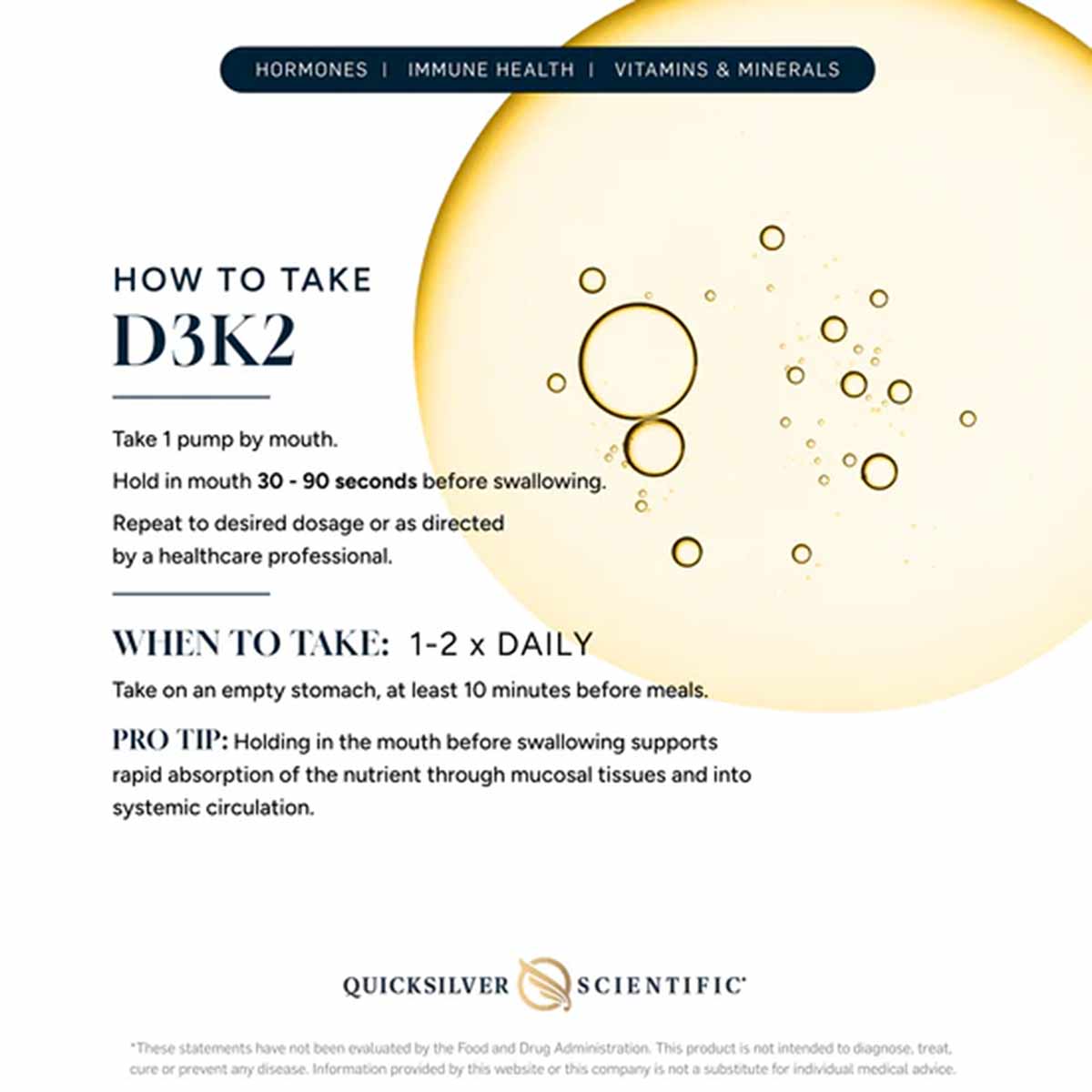 D3K2 supplement bottle label showing usage instructions with golden oil droplets and dosage information on cream background.