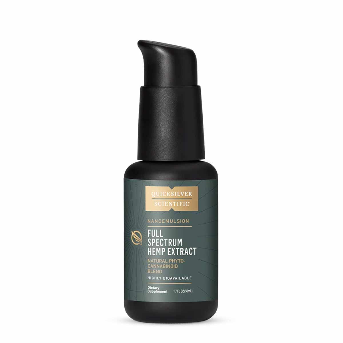 Black pump bottle with teal label containing full spectrum hemp extract CBD nanoemulsified liquid supplement by Quicksilver S