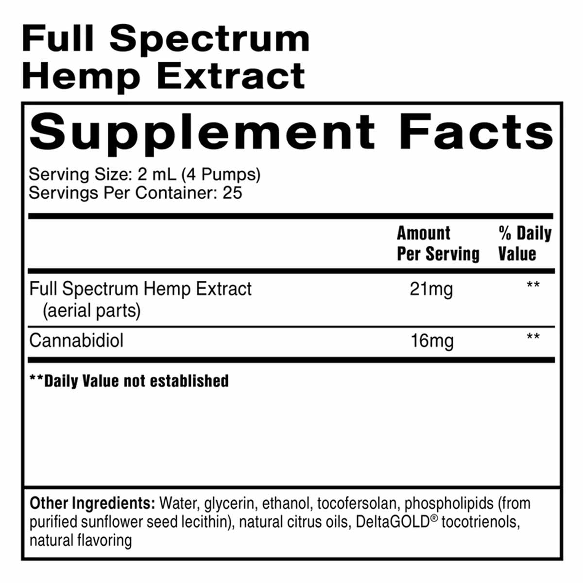 Supplement Facts label for Full Spectrum Hemp Extract showing 21mg hemp extract and 16mg cannabidiol per 2mL serving.
