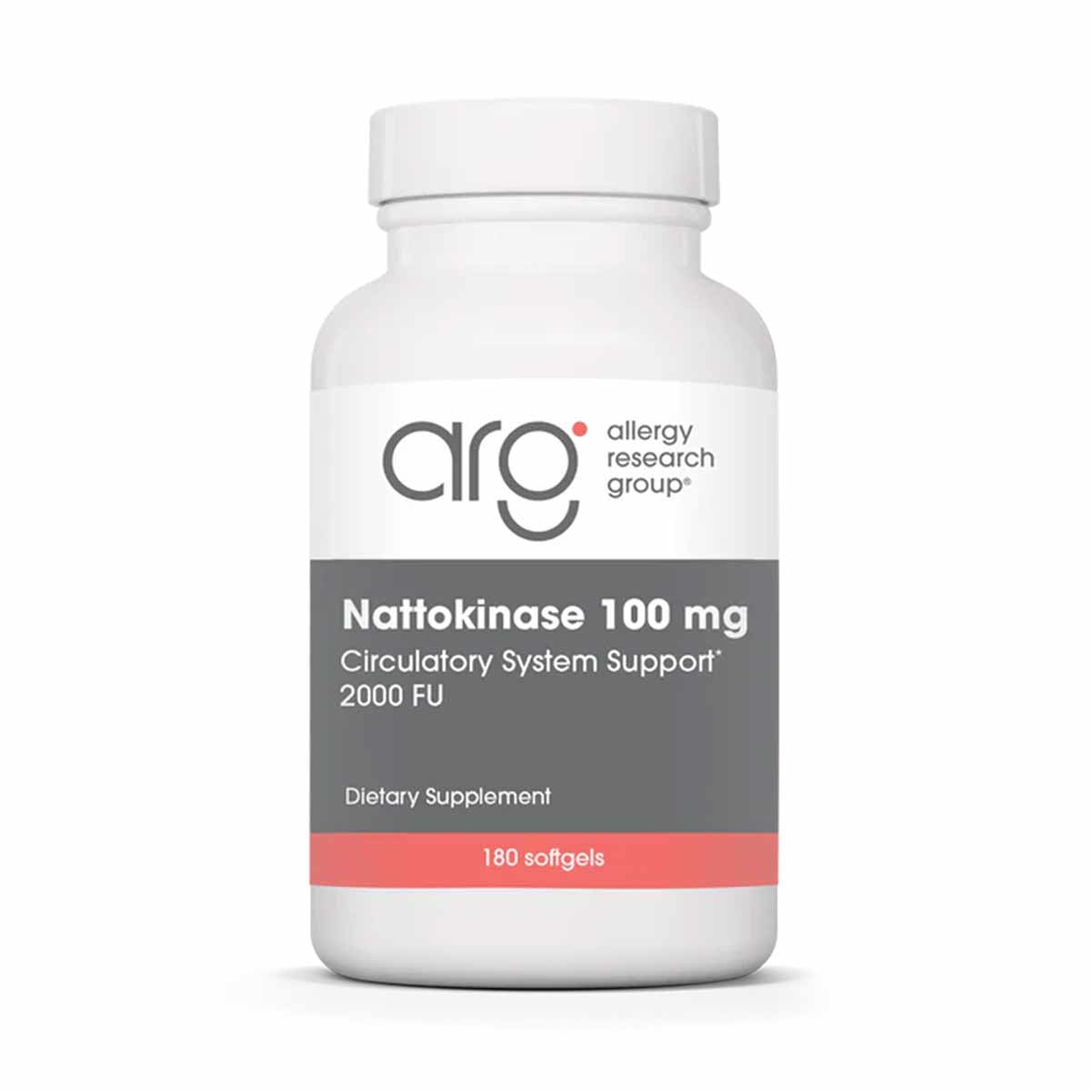 White supplement bottle labeled Nattokinase 100 mg by Allergy Research Group, 180 softgels.