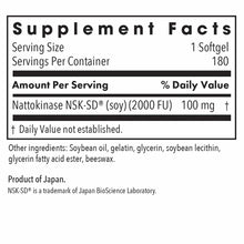 Supplement Facts label showing Nattokinase 100 mg per softgel, 180 servings per container, with ingredient list.