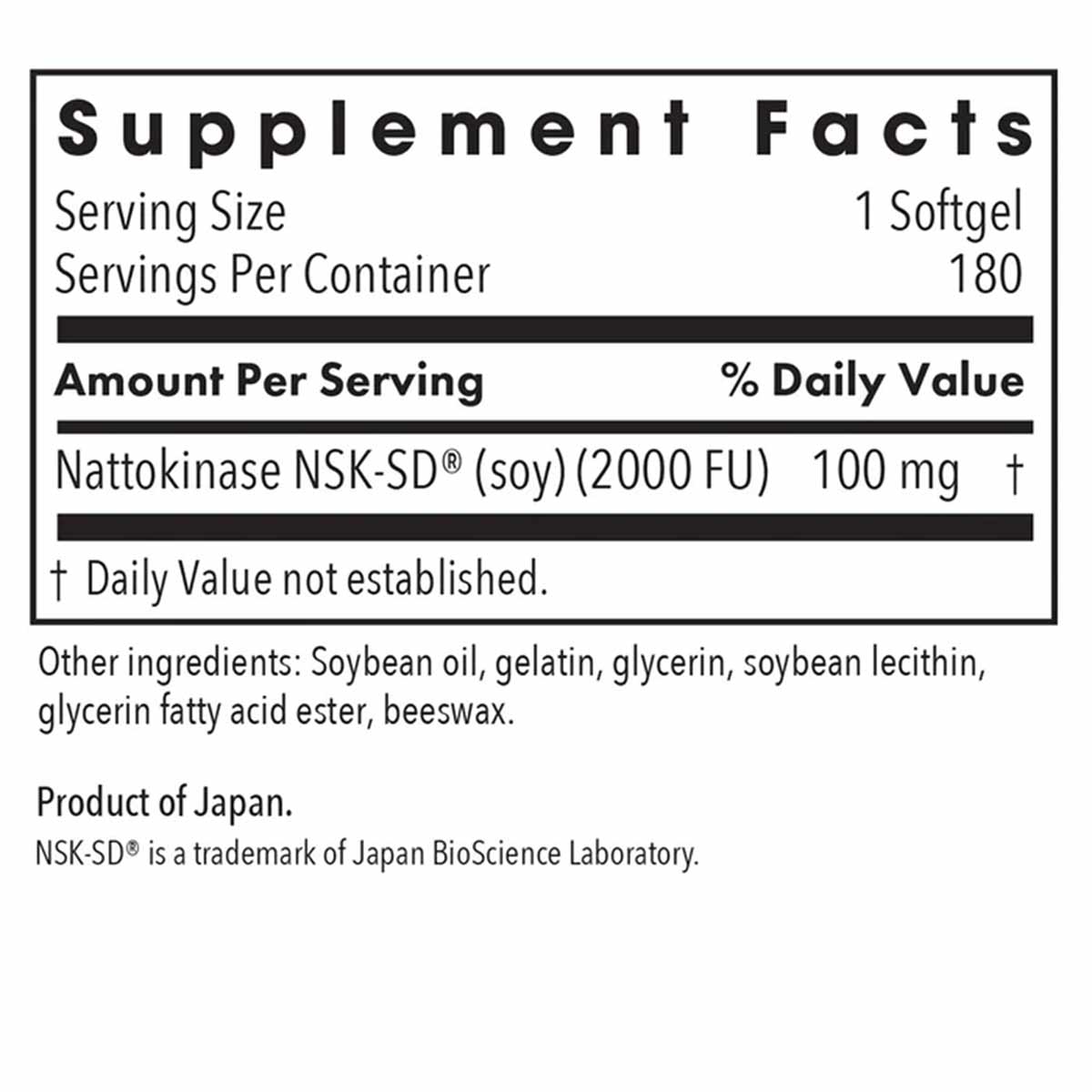 Supplement Facts label showing Nattokinase 100 mg per softgel, 180 servings per container, with ingredient list.
