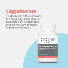 White bottle of Nattokinase 100 mg by Allergy Research Group containing 180 softgels with gray and coral label.