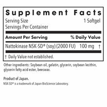 Supplement Facts label showing Nattokinase NSK-SD 100 mg per softgel serving with ingredient list including soybean oil, gela