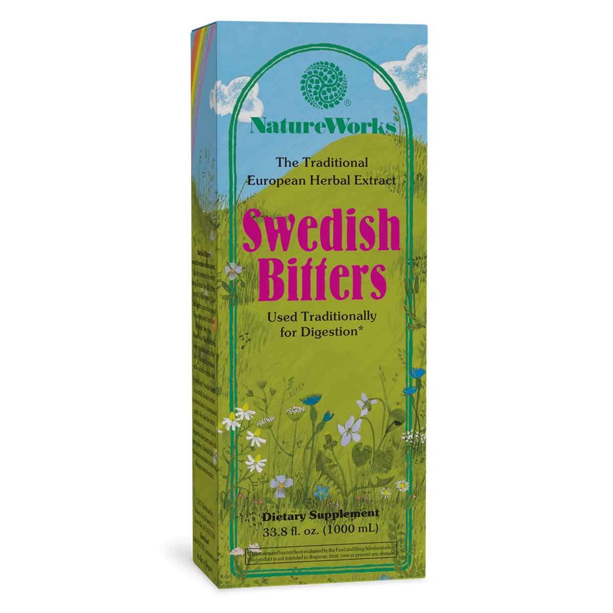 NatureWorks Swedish Bitters bottle, 33.8 fl oz, with green and blue label featuring wildflowers and NatureWorks branding.