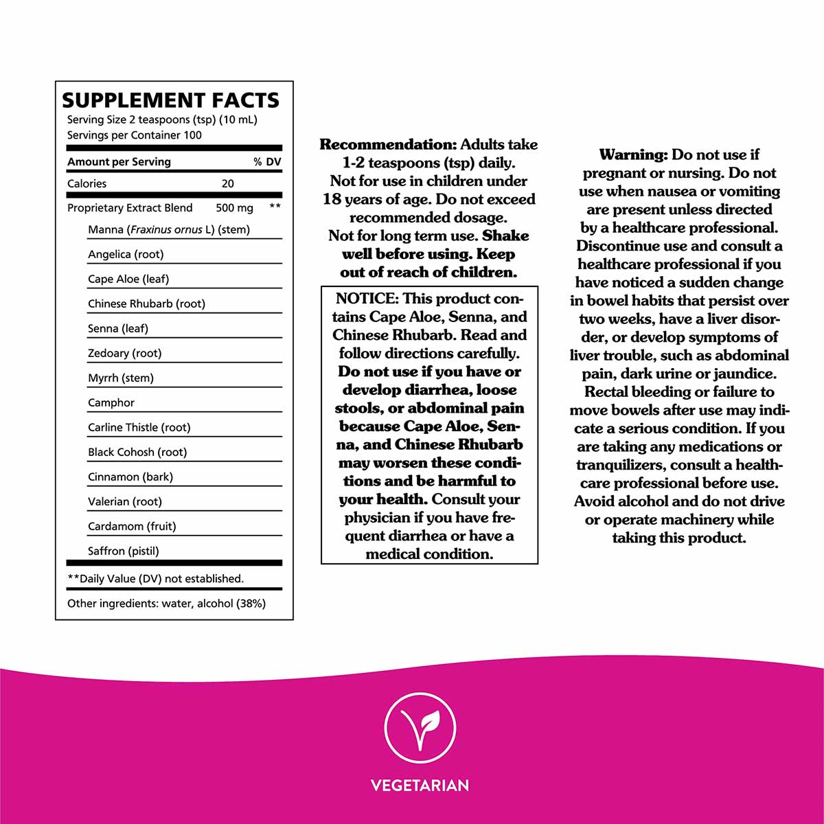Supplement facts label for NatureWorks Swedish Bitters showing ingredients, dosage, warnings, and vegetarian certification ba