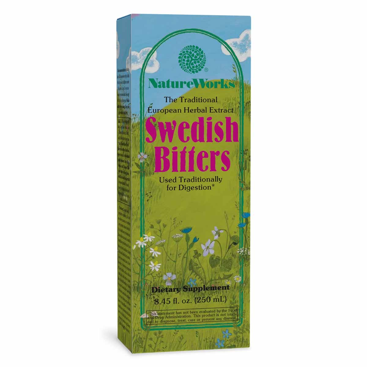 NatureWorks Swedish Bitters herbal extract bottle, 8.45 fl oz, with blue and green label featuring wildflower design.