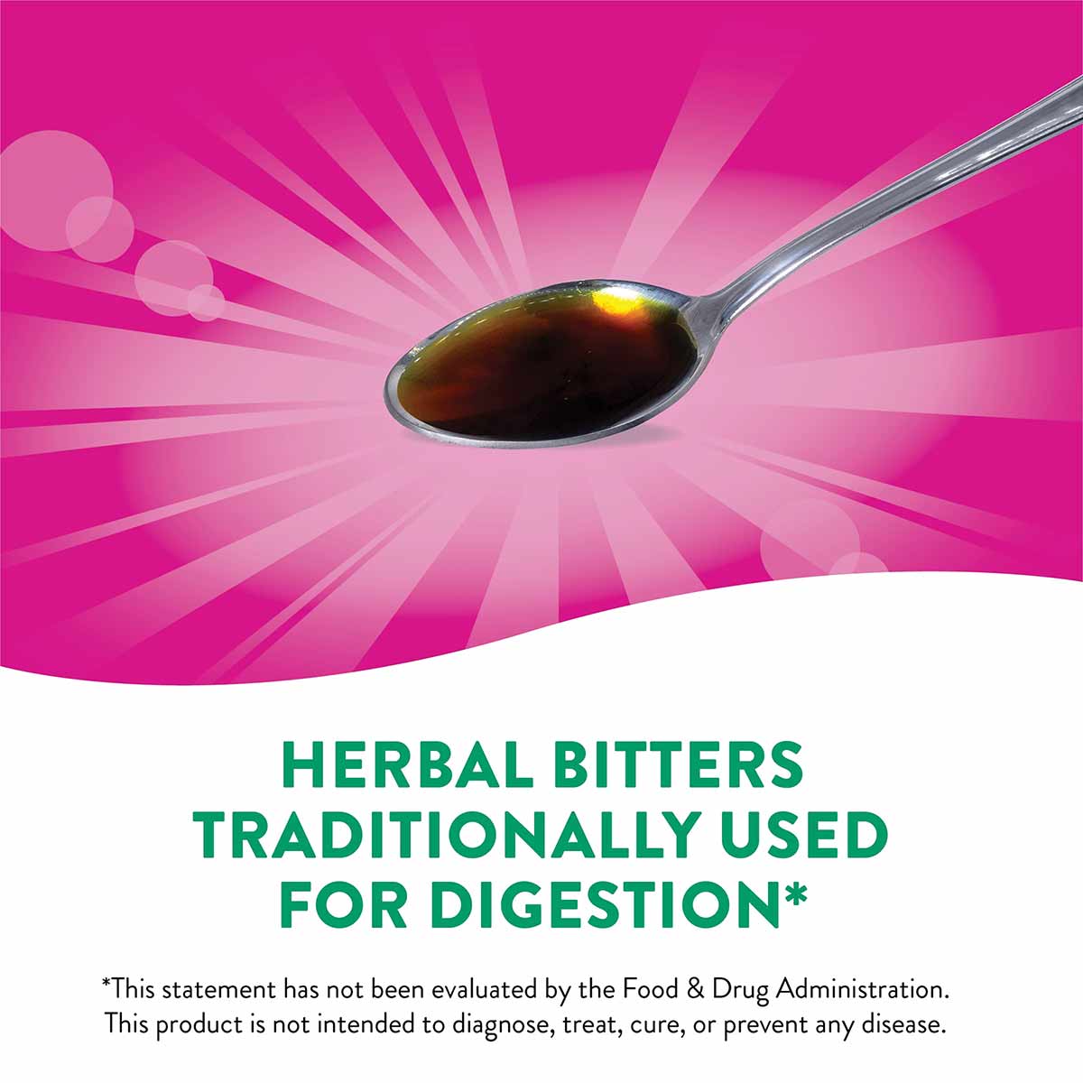 Spoon holding dark brown herbal bitters liquid against a pink background with "Herbal Bitters Traditionally Used for Digestio