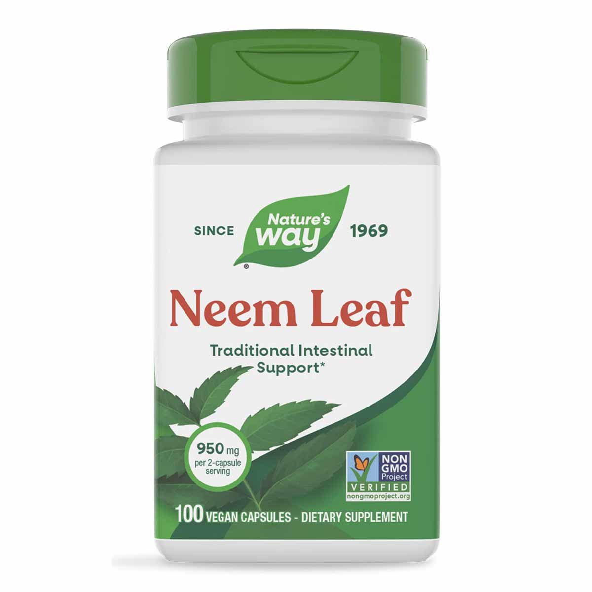 Nature's Way Neem Leaf supplement bottle with green cap containing 100 vegan capsules, 950 mg per serving.