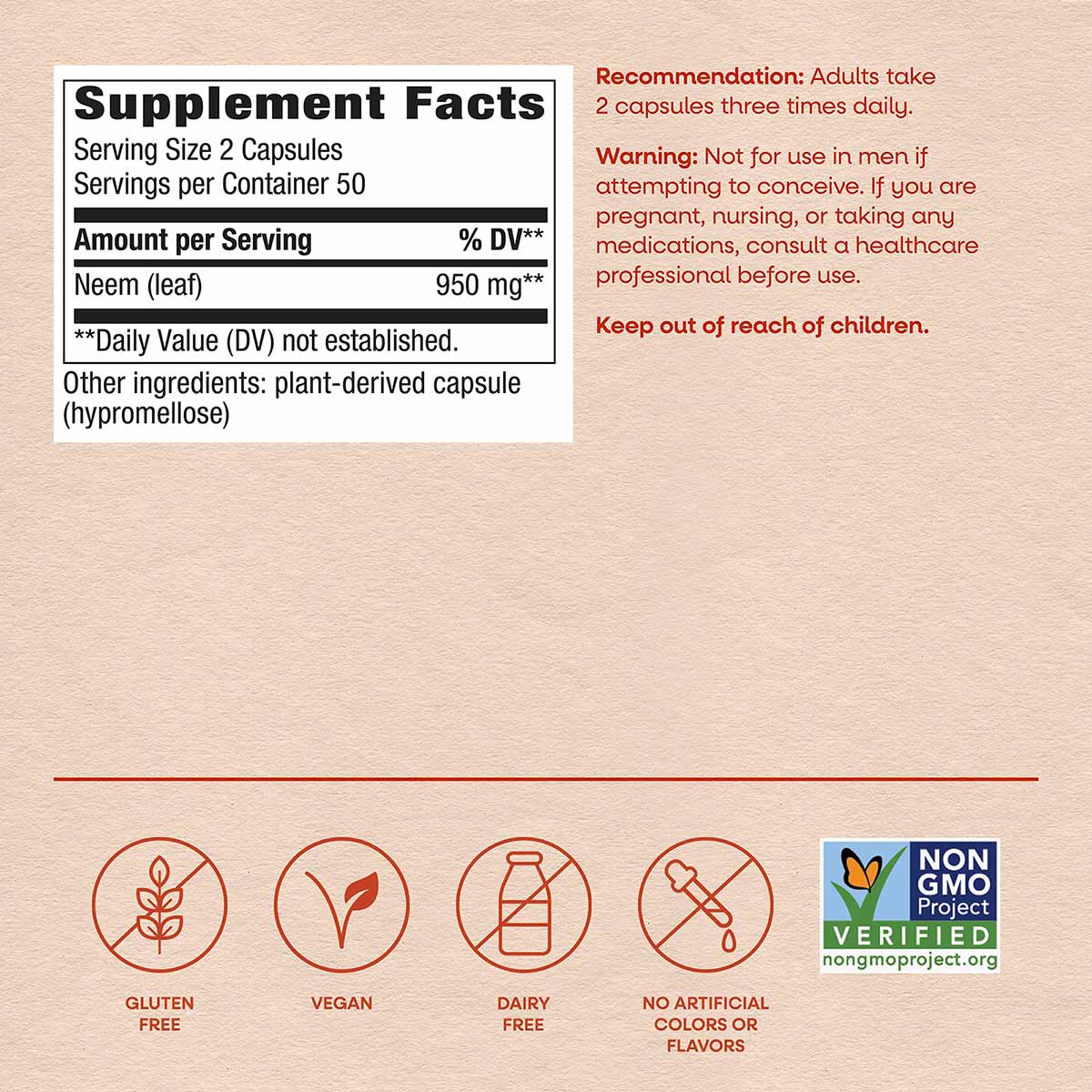 Neem Leaf supplement facts label showing 950mg per serving, 2 capsules, with vegan and gluten-free certifications.