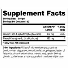 Supplement Facts label for NeoQ10 showing serving size, 90 servings per container, with 125 mg Coenzyme Q10 and 6.7 mg Vitami