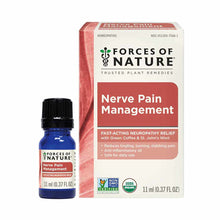 Forces of Nature Nerve Pain Management homeopathic oil in blue bottle with coral and cream packaging.