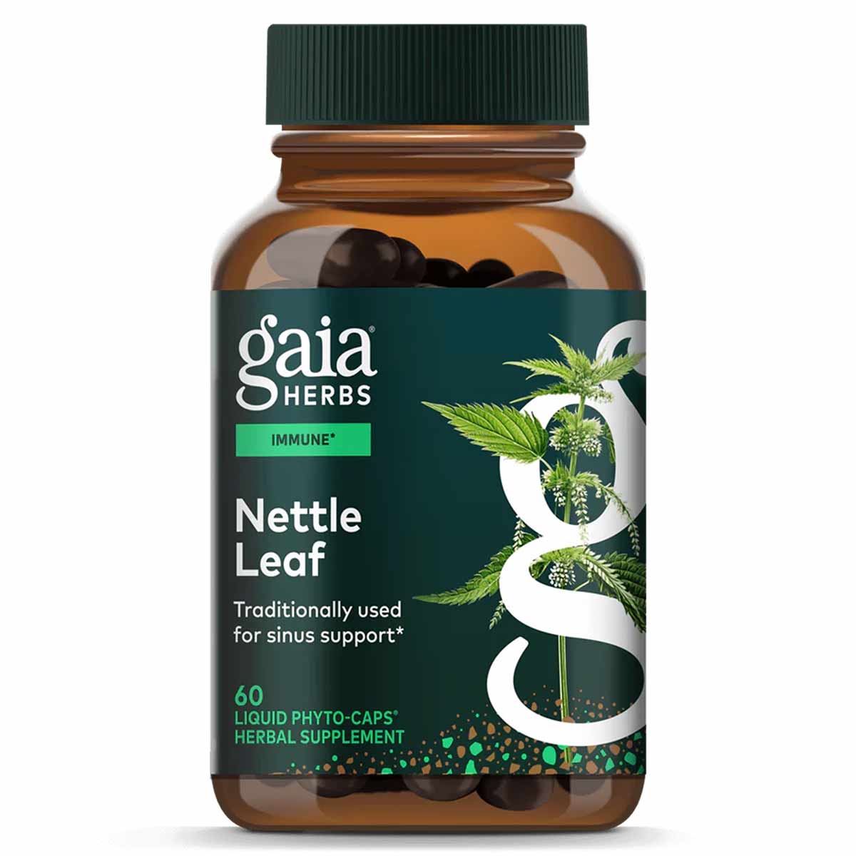 Brown glass bottle with green cap containing dark capsules, labeled "Gaia Herbs Nettle Leaf" with nettle plant imagery.