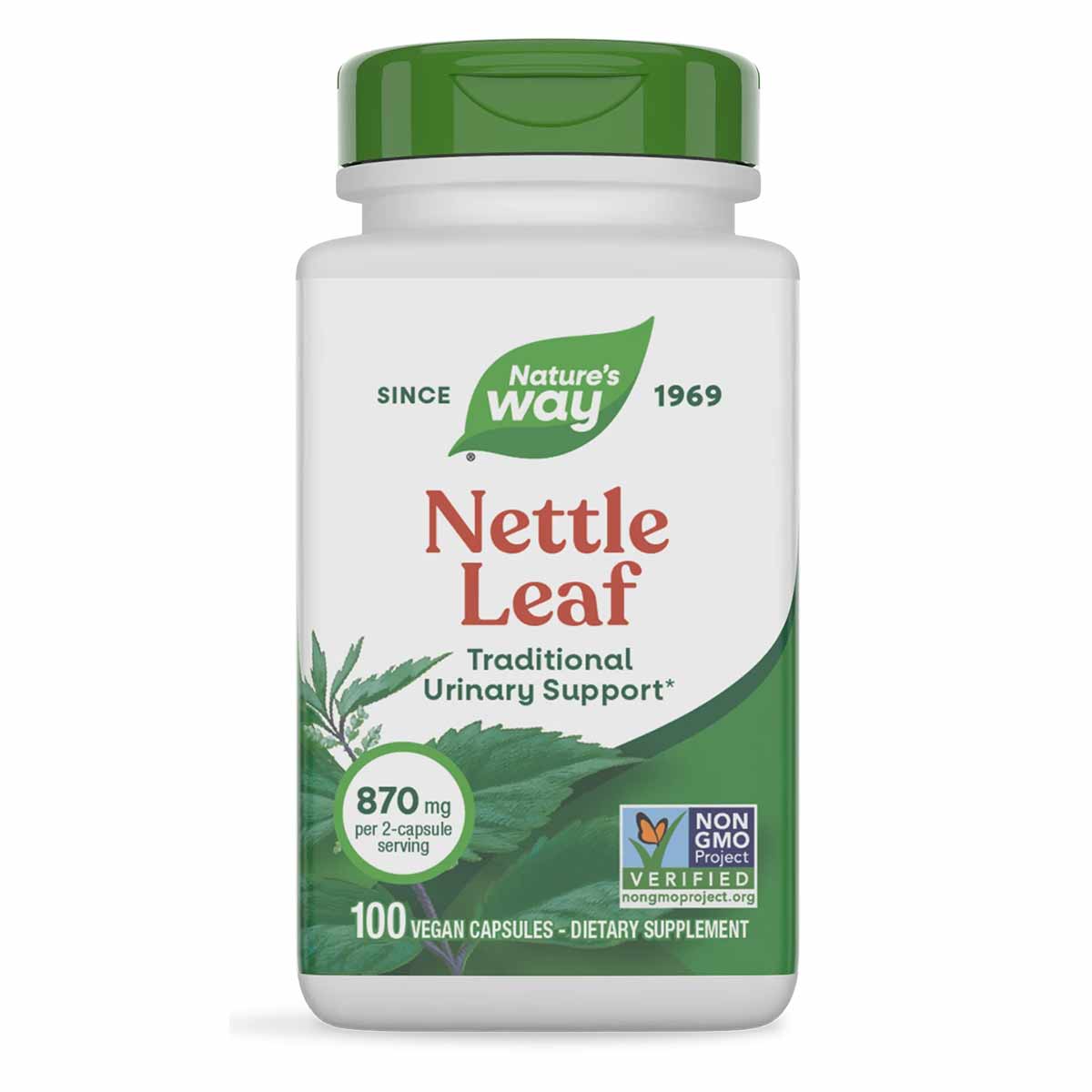 Nature's Way Nettle Leaf dietary supplement bottle with green cap containing 100 vegan capsules at 870 mg per serving.