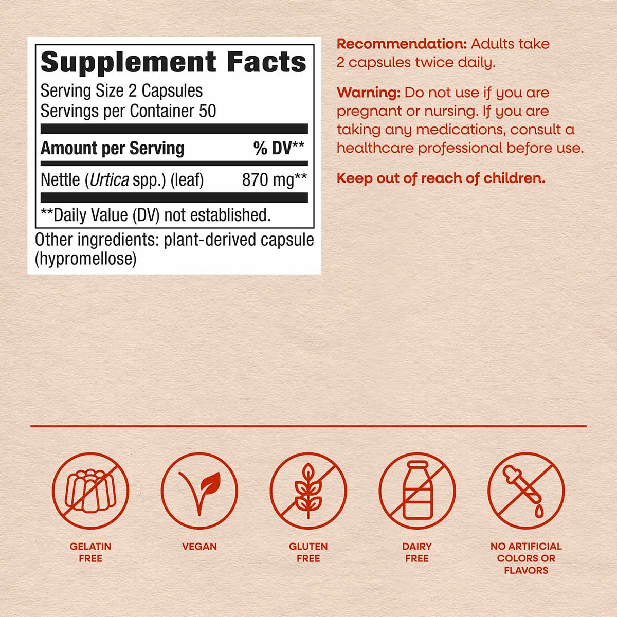 Nettle Leaf supplement facts label showing 870 mg per serving in plant-based capsules with gelatin-free, vegan, gluten-free, 