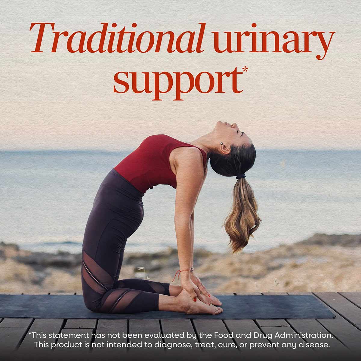 Bottle of Nettle Leaf supplement with text "Traditional urinary support" and woman in yoga pose on beach background.