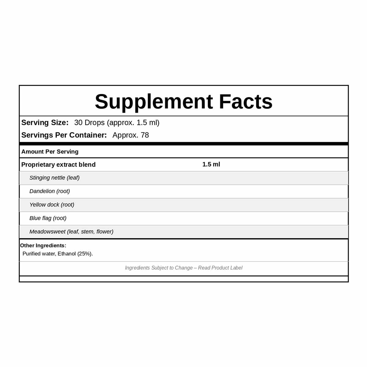 Supplement Facts label for Nettle Plus showing serving size, ingredients including stinging nettle, dandelion, yellow dock, b