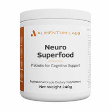 White container of Alimentum Labs Neuro Superfood dietary supplement powder, 240 grams, with orange stripe and black text.