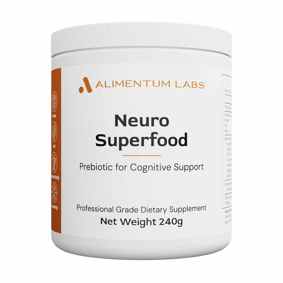 White container of Alimentum Labs Neuro Superfood dietary supplement powder, 240 grams, with orange stripe and black text.